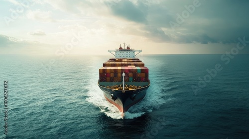 A freight ship packed with containers making its way through international waters, representing global trade. No logos present.