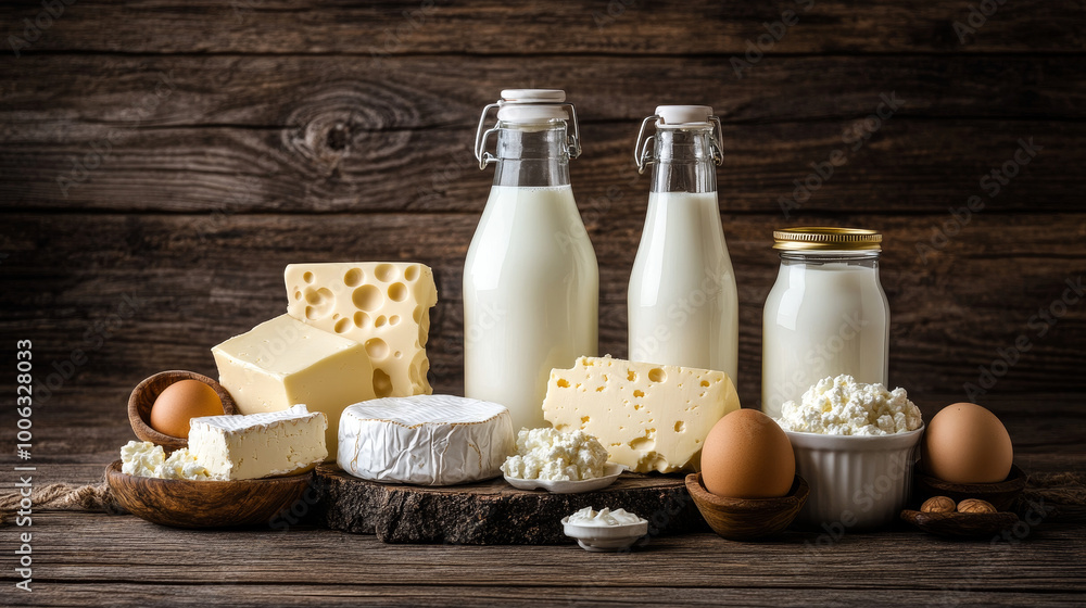 A rustic flat lay of various dairy products arranged on a wooden background. The scene features bottles of milk, a wedge of cheese, a bowl of cottage cheese, a jar of yogurt, a slab of butter, A rustic flat lay of various dairy products arranged on a wooden background. The scene features bottles of milk, a wedge of cheese, a bowl of cottage cheese, a jar of yogurt, a slab of butter,