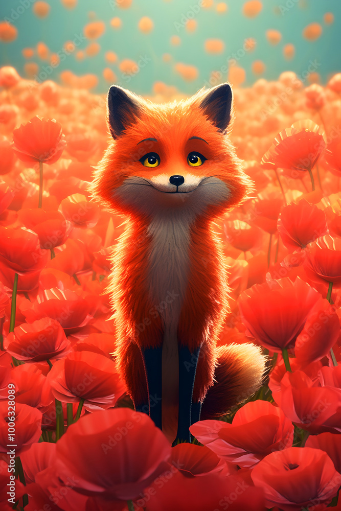 Fototapeta premium Smiling fox portrait among pastel red dense poppies cartoon