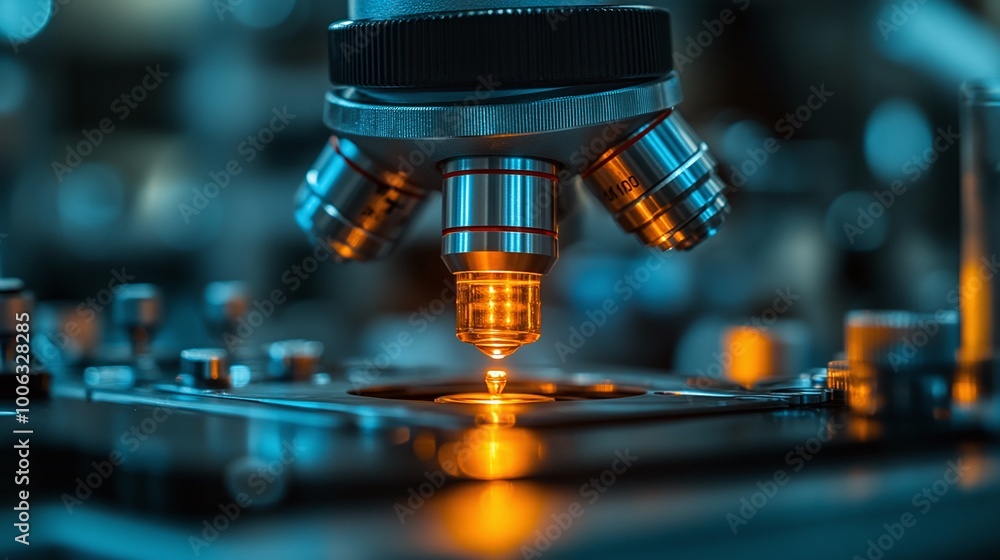 closeup of a scientific microscope in a professional lab setting, used for data analysis in medicine and chemistry research, providing essential insights for innovation and testing closeup of a scientific microscope in a professional lab setting, used for data analysis in medicine and chemistry research, providing essential insights for innovation and testing