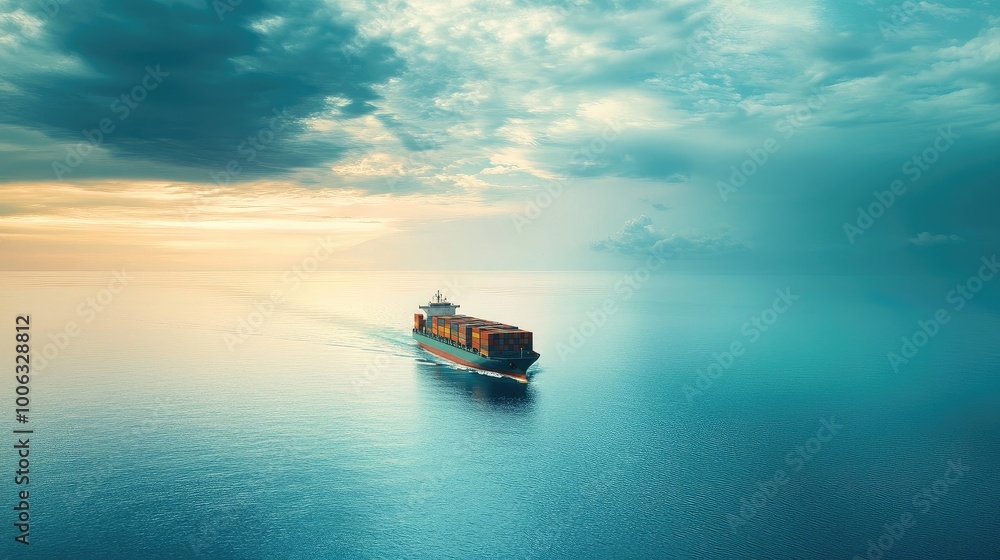 A shipping vessel carrying freight containers across calm seas for international exports and imports. No logos. A shipping vessel carrying freight containers across calm seas for international exports and imports. No logos.