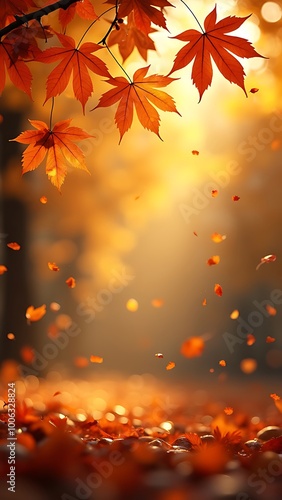 Autumn Leaves Hanging Above Ground with Golden Bokeh and Falling Particles