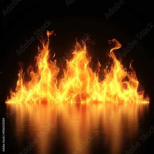 Burning fire flames isolated on black background, flammable energy. Front view.