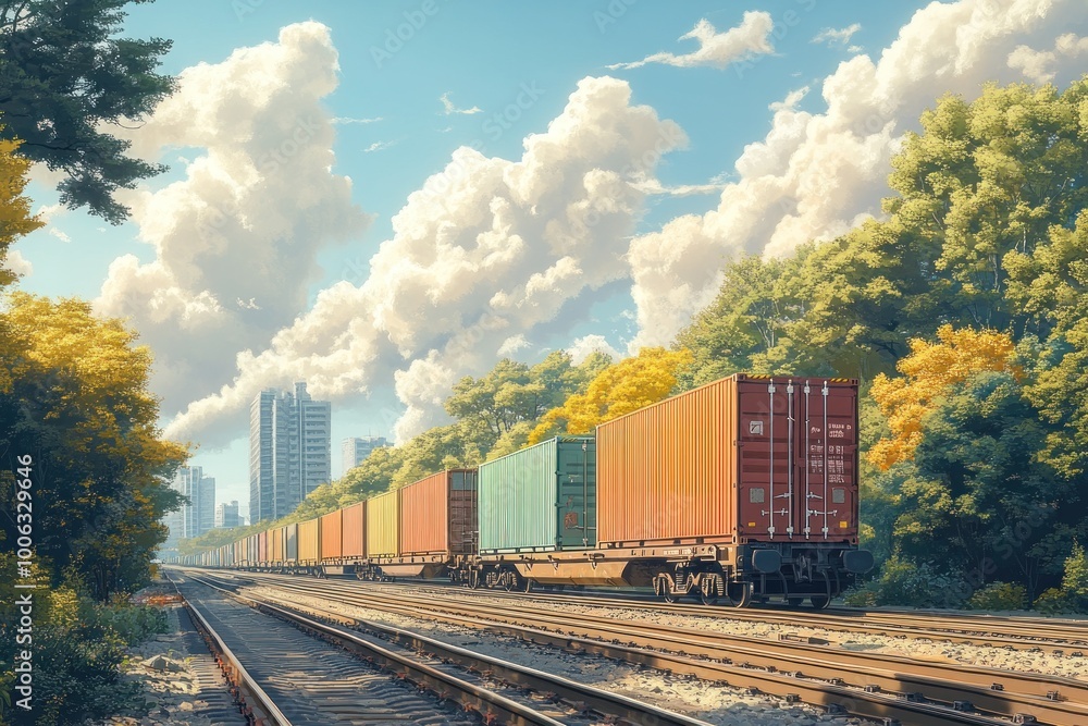 Fototapeta premium Train Crossing Through Sunny Suburbia