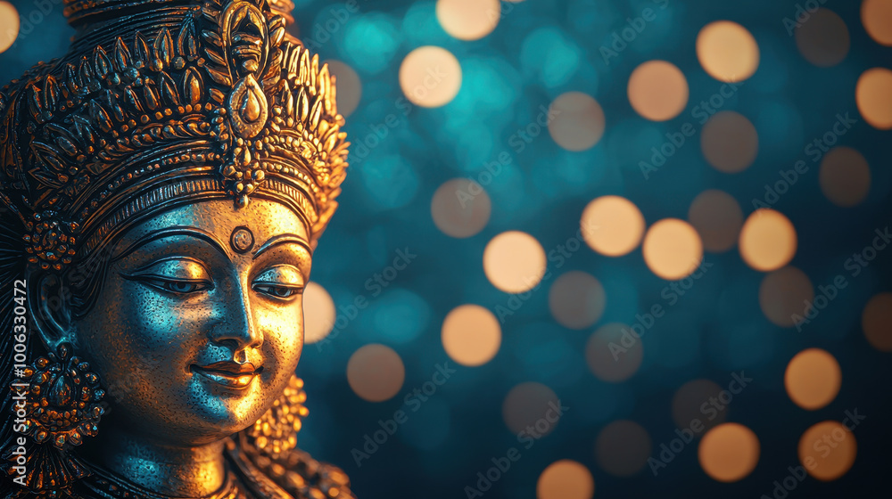 beautifully crafted idol of goddess shines with intricate details, surrounded by glowing festival lights that create serene and festive atmosphere beautifully crafted idol of goddess shines with intricate details, surrounded by glowing festival lights that create serene and festive atmosphere