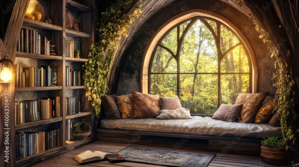 A cozy reading nook with a large window and a comfortable couch A cozy reading nook with a large window and a comfortable couch