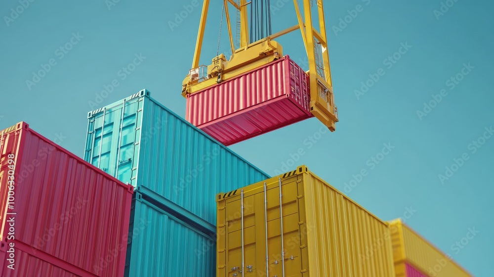 Fototapeta premium Close-up of an industrial crane lifting several brightly colored containers, emphasizing logistics. No logos or people.