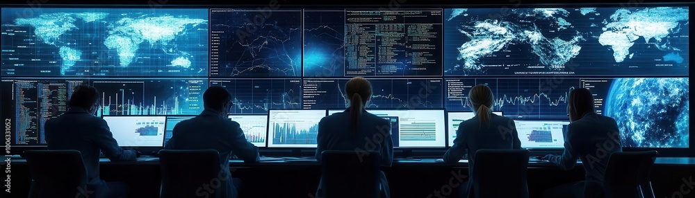A group of professionals monitors data on multiple screens in a high-tech control room, showcasing teamwork and technology. A group of professionals monitors data on multiple screens in a high-tech control room, showcasing teamwork and technology.
