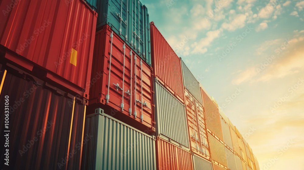 Fototapeta premium Close-up of freight containers on a large cargo ship heading to international markets, symbolizing worldwide shipping. No logos.
