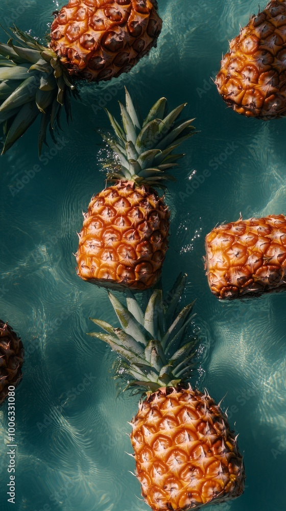 Pineapples floating in clear turquoise water, tropical fruit concept Pineapples floating in clear turquoise water, tropical fruit concept