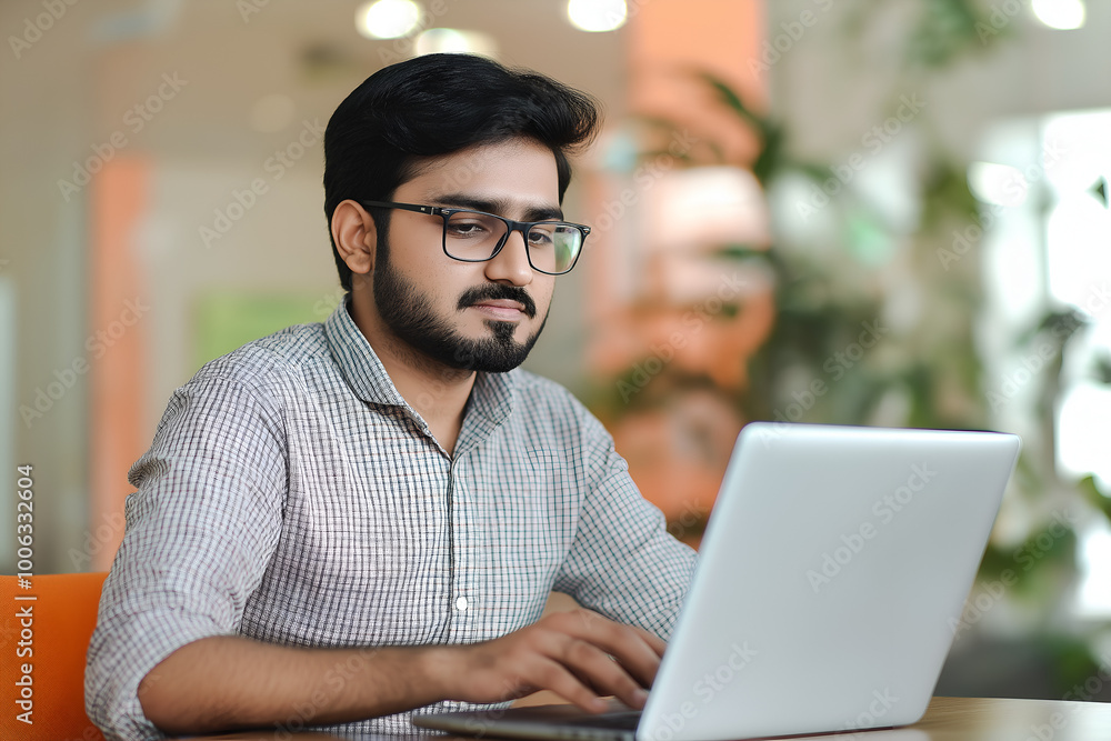 Young Indian professional typing on a laptop in a modern coworking space, Employee working on a laptop, Open office Young Indian professional typing on a laptop in a modern coworking space, Employee working on a laptop, Open office
