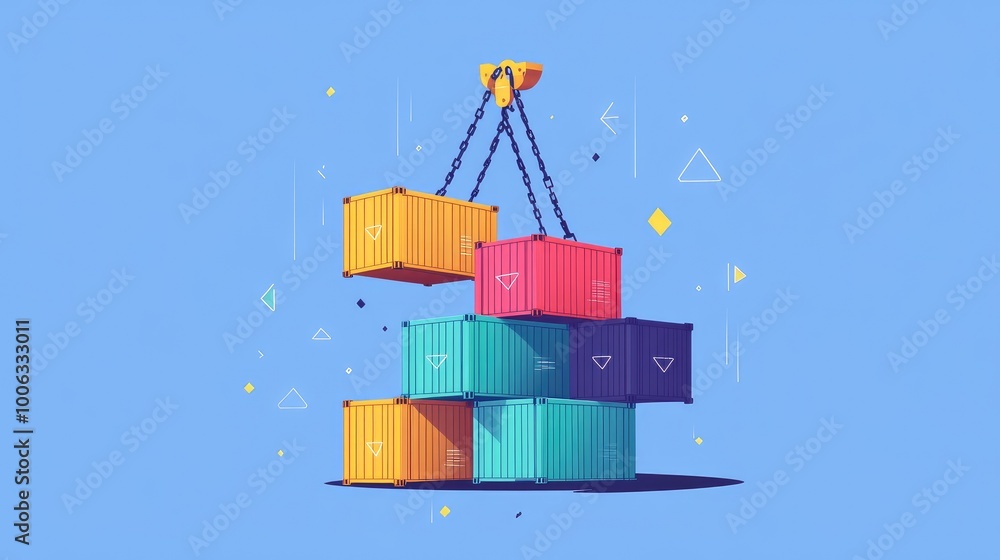 Fototapeta premium Crane hook lifting multiple colorful containers in a vector illustration, symbolizing shipping and logistics. No logos or people included.
