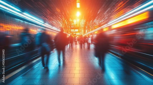 urban commuters exiting the metro station in a busy city area, with motion blur effect capturing the energy and movement of public transport during rush hour