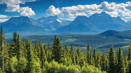 The Rocky Mountains seen from Jasper National Park, with a pristine natural landscape, devoid of human activity.