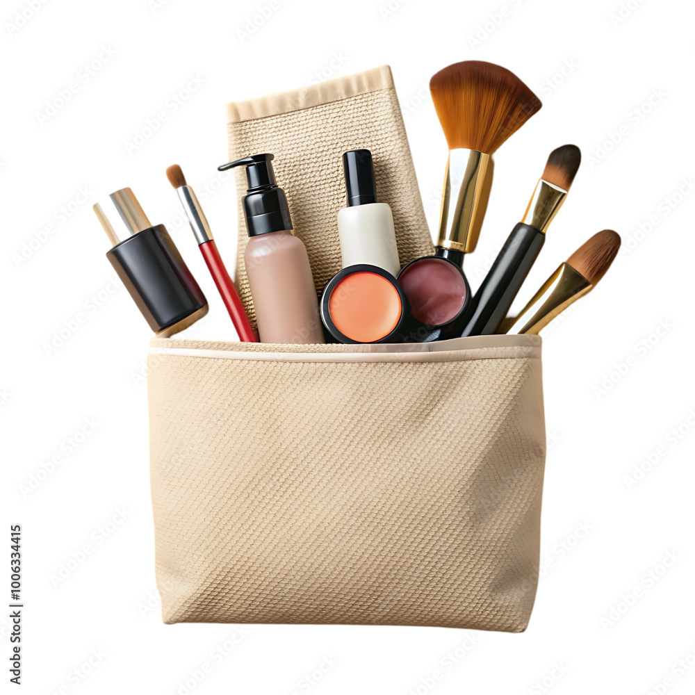 Different makeup objects in canvas bag Different makeup objects in canvas bag