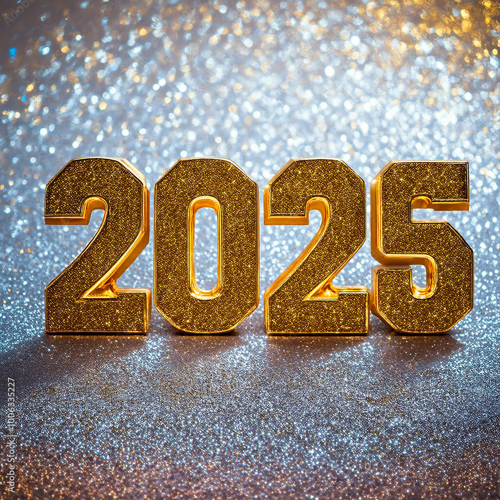 New Year 2025 - gold text on glittery, festive background New Year 2025 - gold text on glittery, festive background