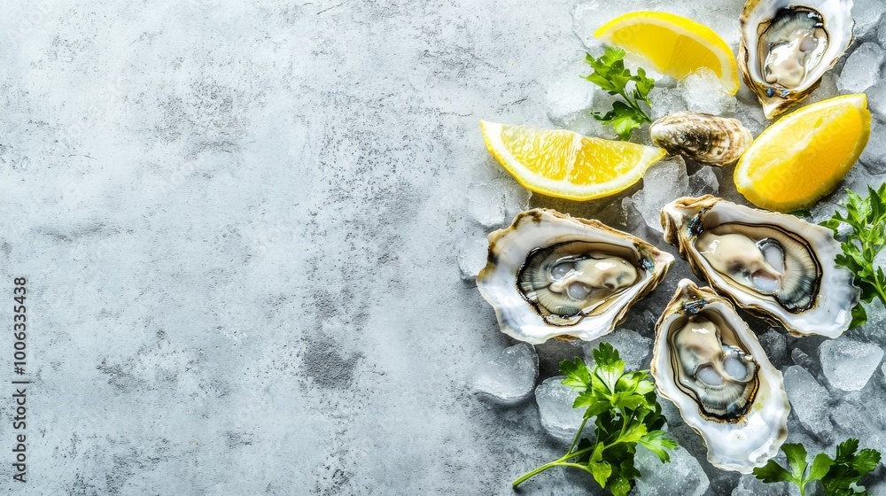 Oysters with lemon on ice, culinary concept Oysters with lemon on ice, culinary concept