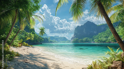 A serene tropical island cove features hidden beach surrounded by lush greenery and palm trees. crystal clear turquoise water reflects vibrant blue sky, creating tranquil paradise