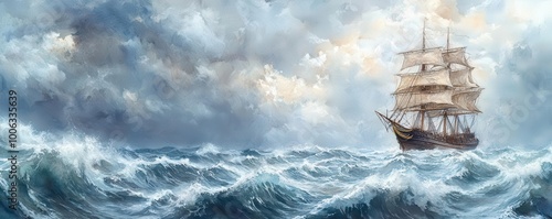 A majestic sailing ship navigates through turbulent ocean waves under a dramatic sky. Captures the essence of adventure at sea.