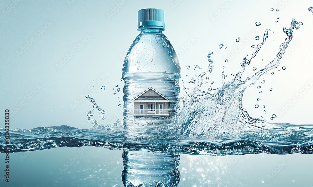 A water bottle floating in the air with a house inside, a small amount of light blue background A water bottle floating in the air with a house inside, a small amount of light blue background