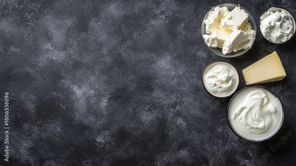 A flat lay display of various dairy products on a dark background. The arrangement includes a glass bottle of milk, a wedge of cheese, a bowl of sour cream, a jar of yogurt, and a slab of butter. A flat lay display of various dairy products on a dark background. The arrangement includes a glass bottle of milk, a wedge of cheese, a bowl of sour cream, a jar of yogurt, and a slab of butter.