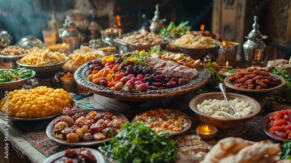 Obraz premium festive Iftar feast for Ramadan Kareem with dates, fruits, salads, and meat dishes on a decorated table, perfect for celebrating the holy month with family
