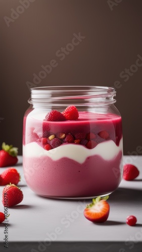 A glass jar filled with strawberry cheesecake topped with fresh strawberries on a gray surface. 