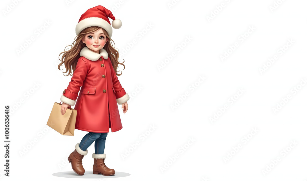 Watercolor beautiful cute girl in red coat and santa claus hat, holding beige kraft paper bag, dreamy christmas atmosphere, perfection, white background, vintage watercolor painting of happy Watercolor beautiful cute girl in red coat and santa claus hat, holding beige kraft paper bag, dreamy christmas atmosphere, perfection, white background, vintage watercolor painting of happy