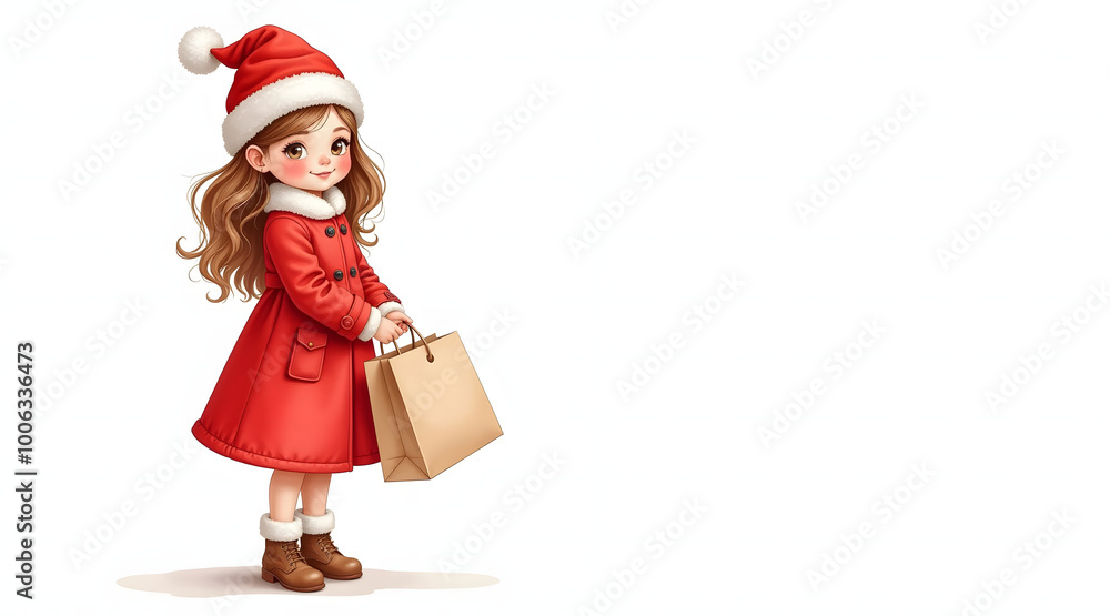 Watercolor beautiful cute girl in red coat and santa claus hat, holding beige kraft paper bag, dreamy christmas atmosphere, perfection, white background, vintage watercolor painting of happy Watercolor beautiful cute girl in red coat and santa claus hat, holding beige kraft paper bag, dreamy christmas atmosphere, perfection, white background, vintage watercolor painting of happy