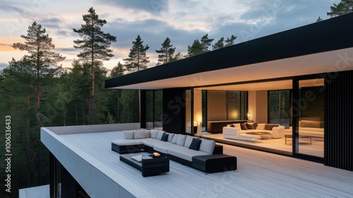 modern design and interior of the terrace in the house overlooking the forest