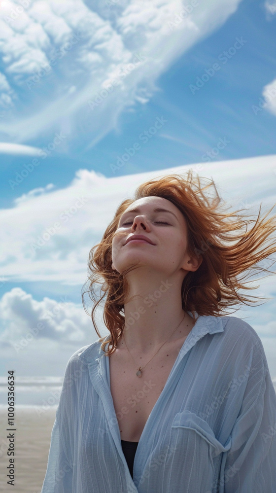 A woman with red hair is standing on a beach, looking up at the sky A woman with red hair is standing on a beach, looking up at the sky