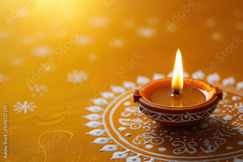 diwali festival concept oil lamp on orange background photo