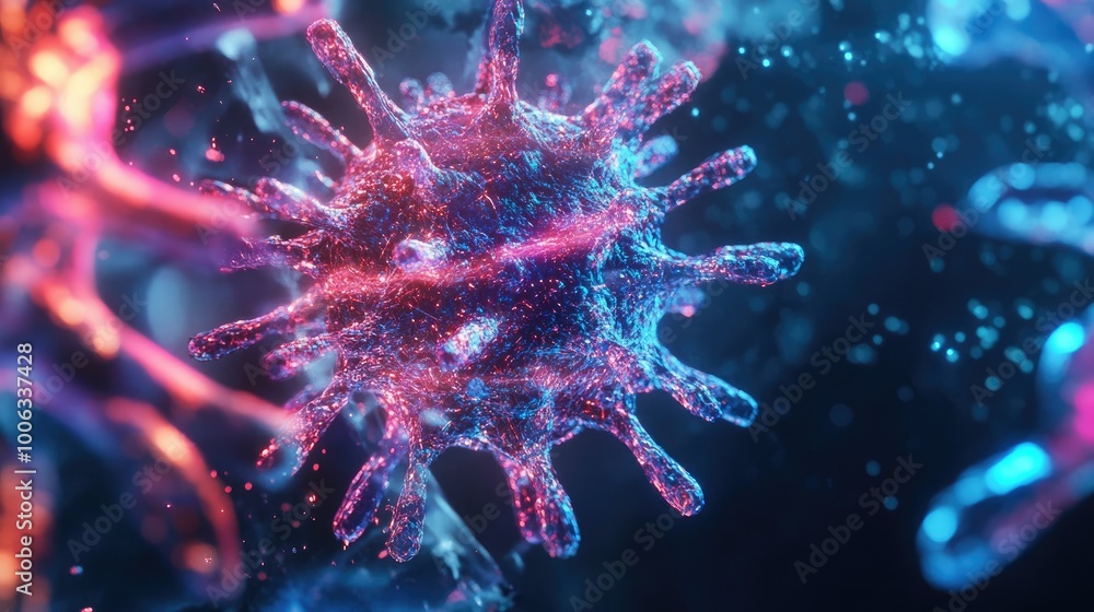 A futuristic digital image of a virus particle, rendered with glowing neon colors and intricate detail to emphasize its microscopic complexity. A futuristic digital image of a virus particle, rendered with glowing neon colors and intricate detail to emphasize its microscopic complexity.