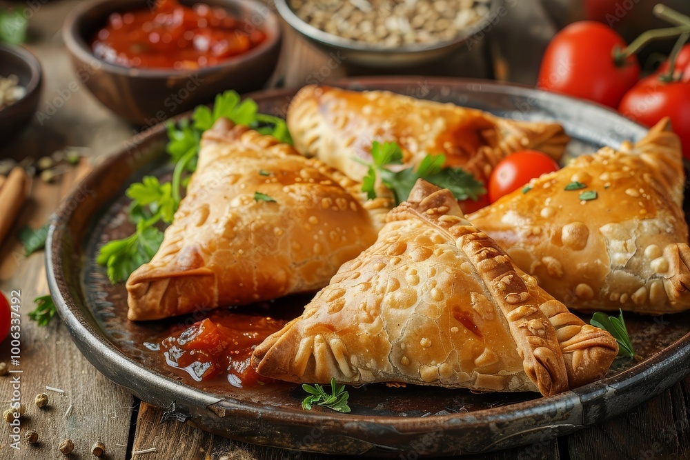 Delicious flavourful samosas filled with savory ingredients served with side of tangy dipping sauce on platter, tasty Indian food embodying rich culinary heritage of India