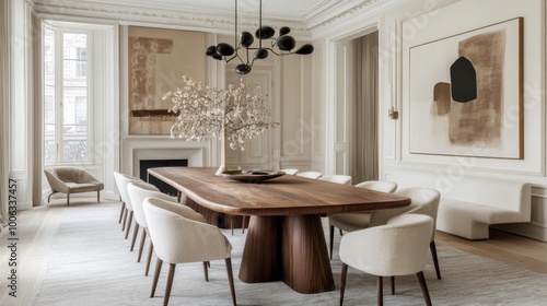 An elegant dining room with a long wooden table and luxurious armchairs, beautifully illuminated by a spectacular chandelier. Neutral tones of beige, soft gray and warm brown create an elegant and coz
