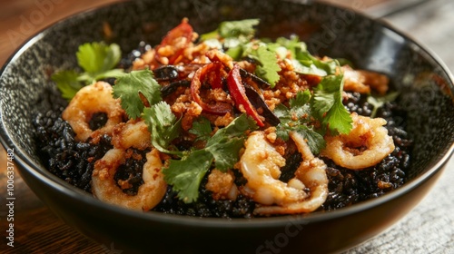 A steaming bowl of black ink rice, topped with fried calamari and a drizzle of spicy sauce, garnished with fresh cilantro and chili slices, highlighting its rich flavors.