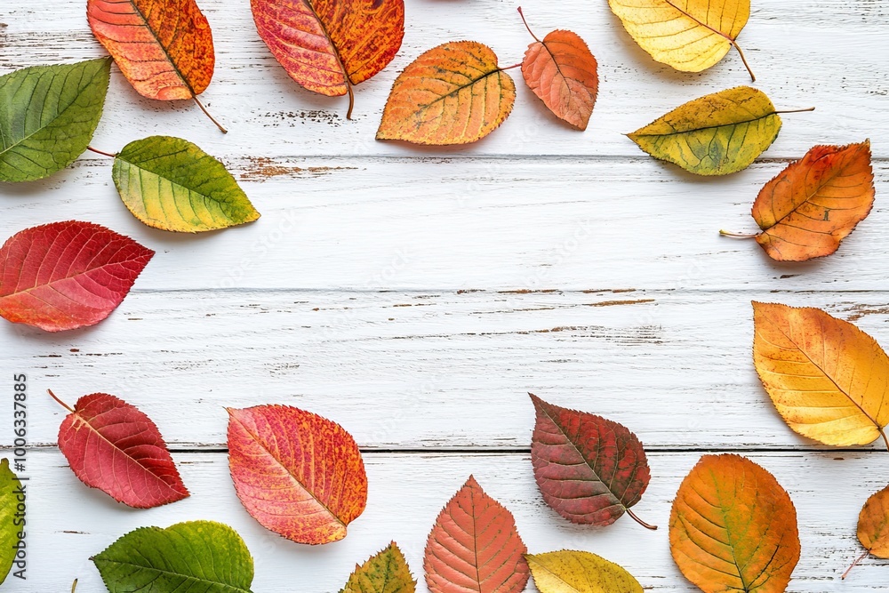 Fototapeta premium Decorative autumn leaf background on wooden background