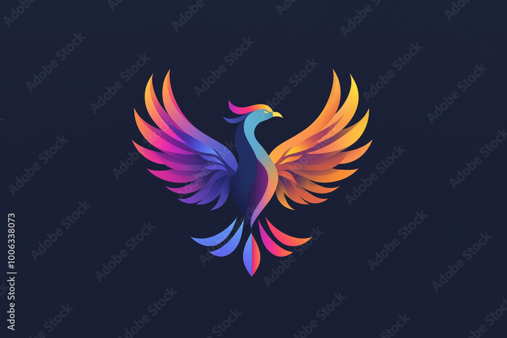 Obraz premium Colorful, vibrant, abstract phoenix bird with multicolored feathers on dark background, representing rebirth concept