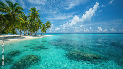 A stunning tropical beach with crystal clear waters, swaying palm trees, and vibrant blue sky creates serene and inviting atmosphere. tranquil scene captures essence of paradise