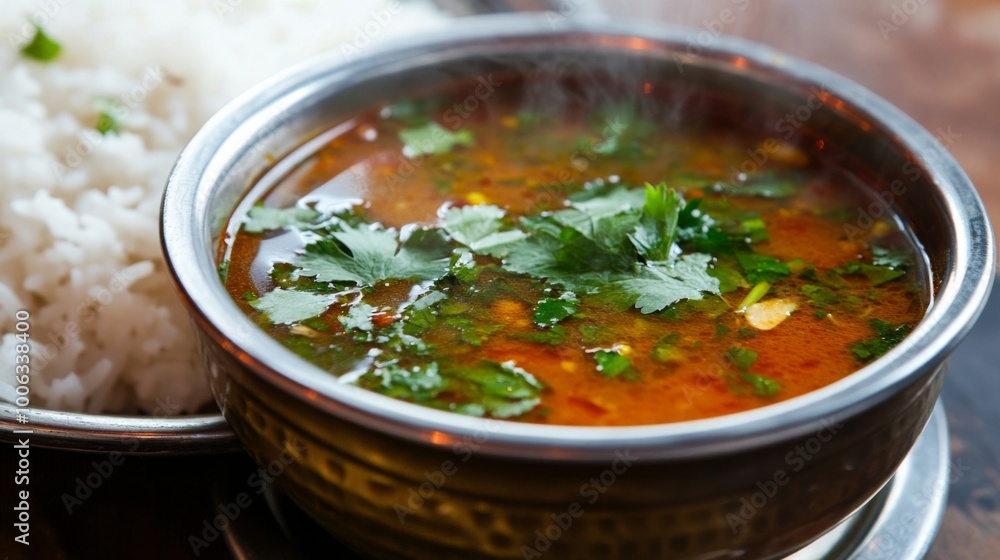A steaming bowl of rasam garnished with fresh cilantro and served with a side of steamed rice, showcasing the vibrant color and rich texture of this traditional South Indian soup. A steaming bowl of rasam garnished with fresh cilantro and served with a side of steamed rice, showcasing the vibrant color and rich texture of this traditional South Indian soup.