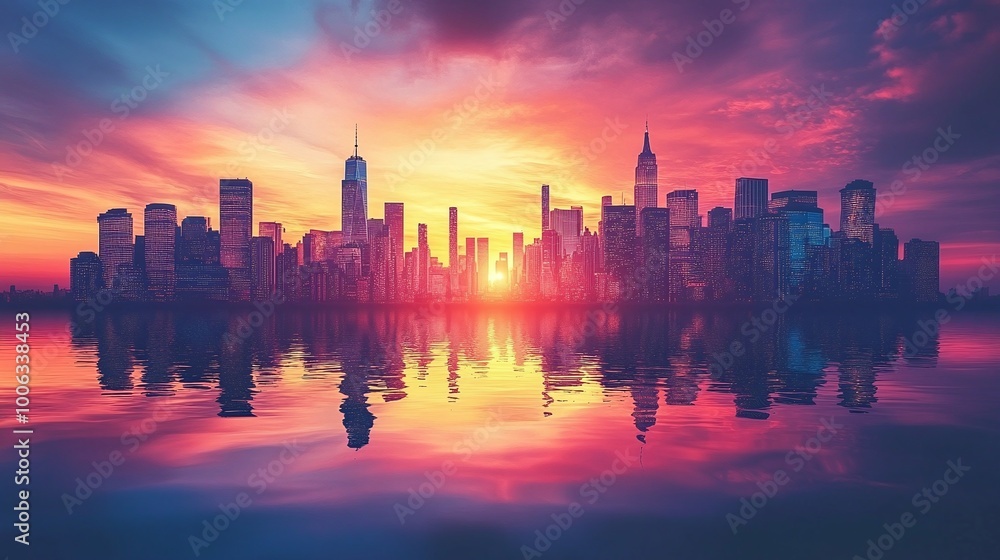 sunset skyline with silhouetted skyscrapers, capturing the urban architectural grandeur and vibrant economic pulse of the modern city sunset skyline with silhouetted skyscrapers, capturing the urban architectural grandeur and vibrant economic pulse of the modern city