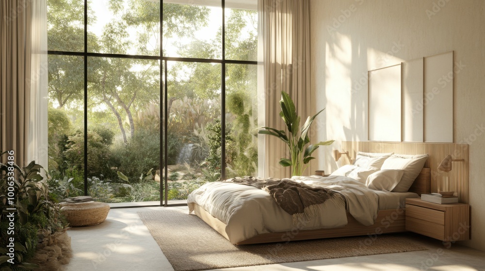 Fototapeta premium A luxurious large bedroom with a bed in the center. Delicate beige colors - ivory, milky, brown, dark gray.