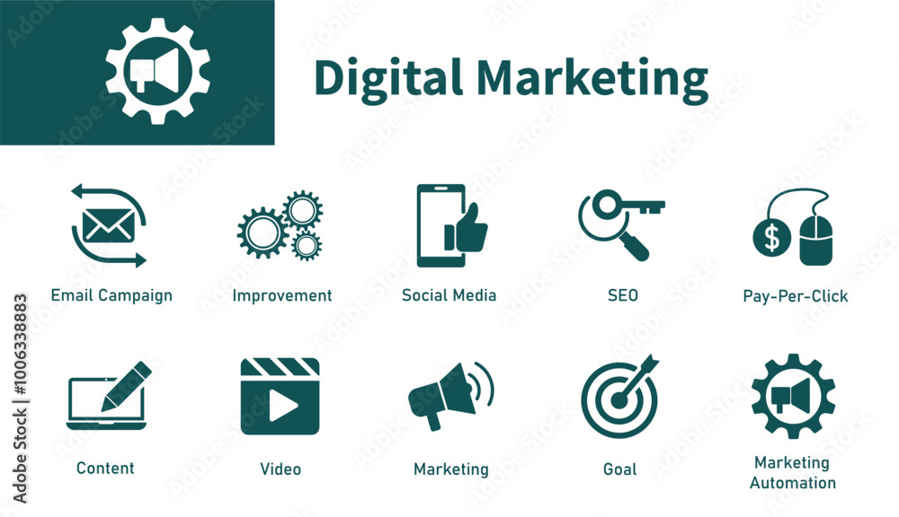 Digital marketing icons. Set of solid vector symbols on the theme of advertising, SEO, social media, email, marketing automation. Digital marketing icons. Set of solid vector symbols on the theme of advertising, SEO, social media, email, marketing automation.