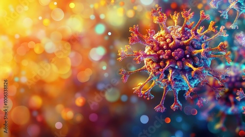 A microscopic view of a virus particle, with detailed spiked proteins shown in vivid colors, floating in a sea of particles.