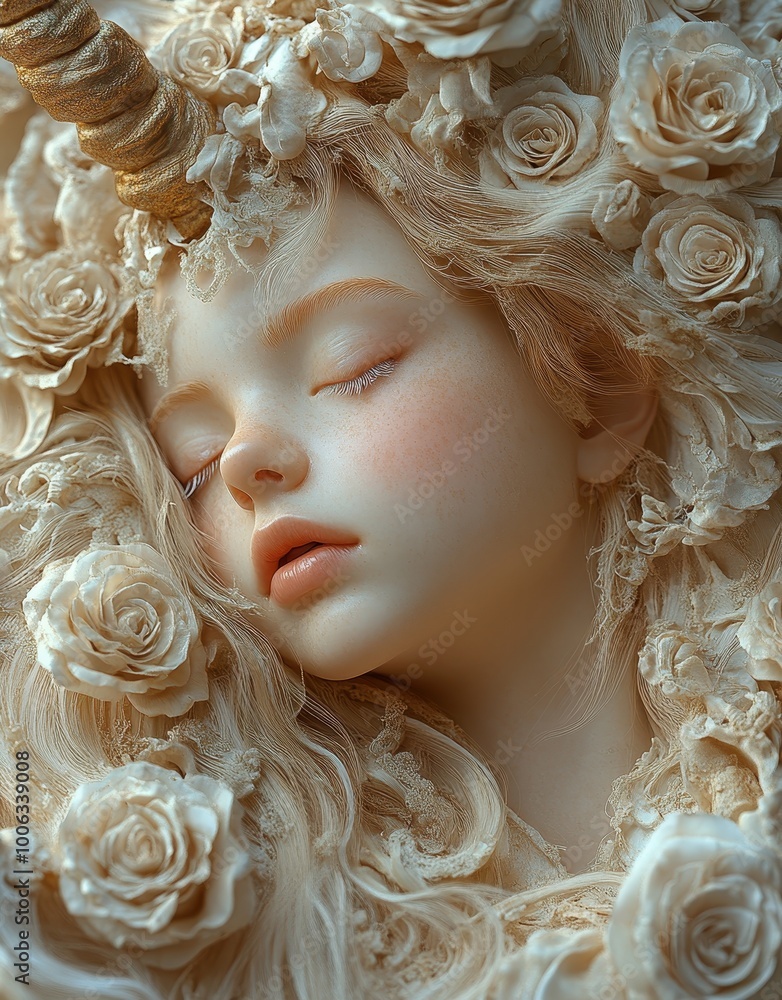 Dreamy Scene of Little Girl Sleeping in the Arms of a Unicorn with White Rose Hair, Fantasy Art with Golden Accents
Dreamy Scene of Little Girl Sleeping in the Arms of a Unicorn with White Rose Hair, Fantasy Art with Golden Accents