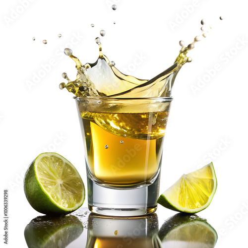 Tequila shots with lime wedges, a splash of liquid, and a reflection on a white background are perfect for websites, blogs, and social media.