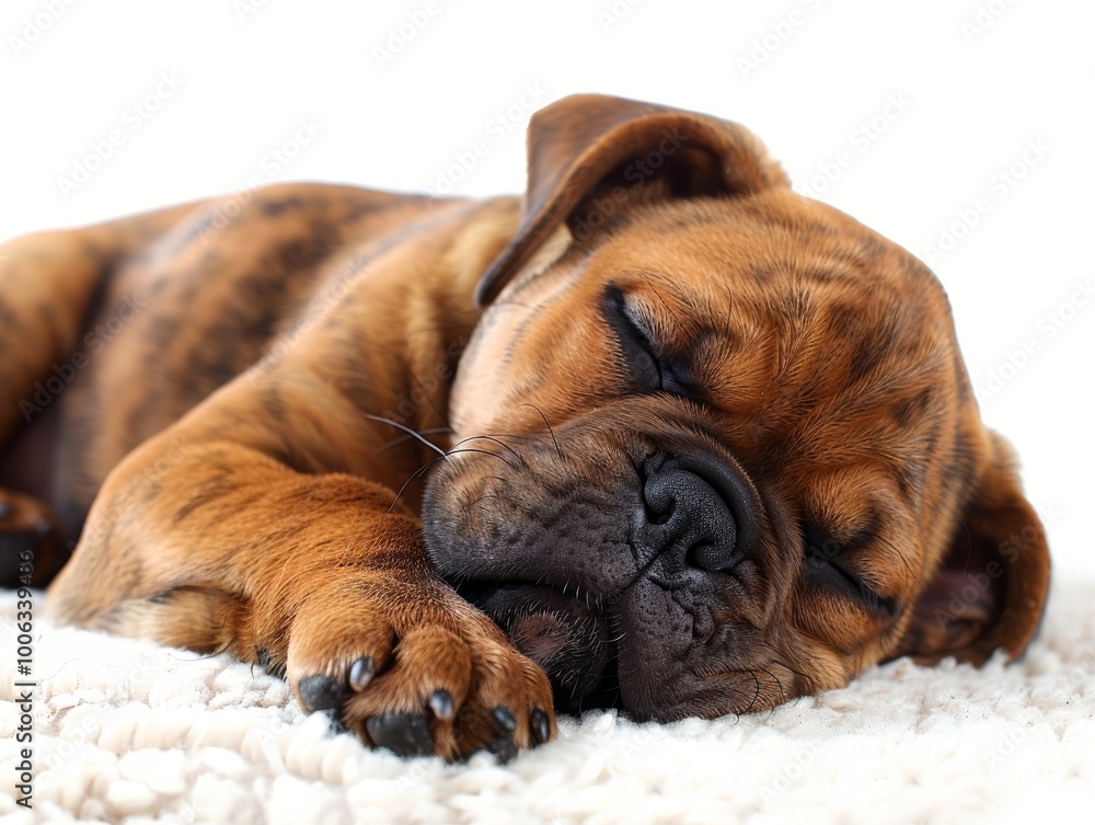 Obraz premium Sleeping Bulldog Puppy on Fluffy White Rug