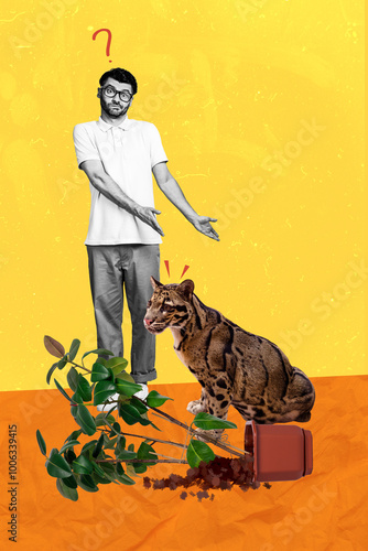 Vertical collage image young man questioned dilemma ask why what gepard wilf animal cat houseplant break crash problem show hands photo