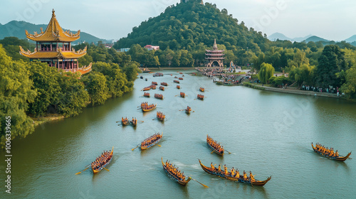 Spectacular view of Bon Om Touk festival, hundreds of dragon boats racing along the river, rowers wearing traditional clothes, Ai generated images photo