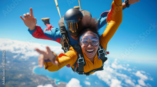 Excited tandem skydivers capturing joyful selfie mid air, showcasing thrill and exhilaration of skydiving adventure, symbolizing fearless exploration and unforgettable memories photo